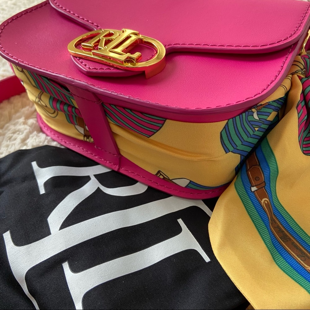 Lauren RL designer fuschia crossbody with handle and yellow scarf